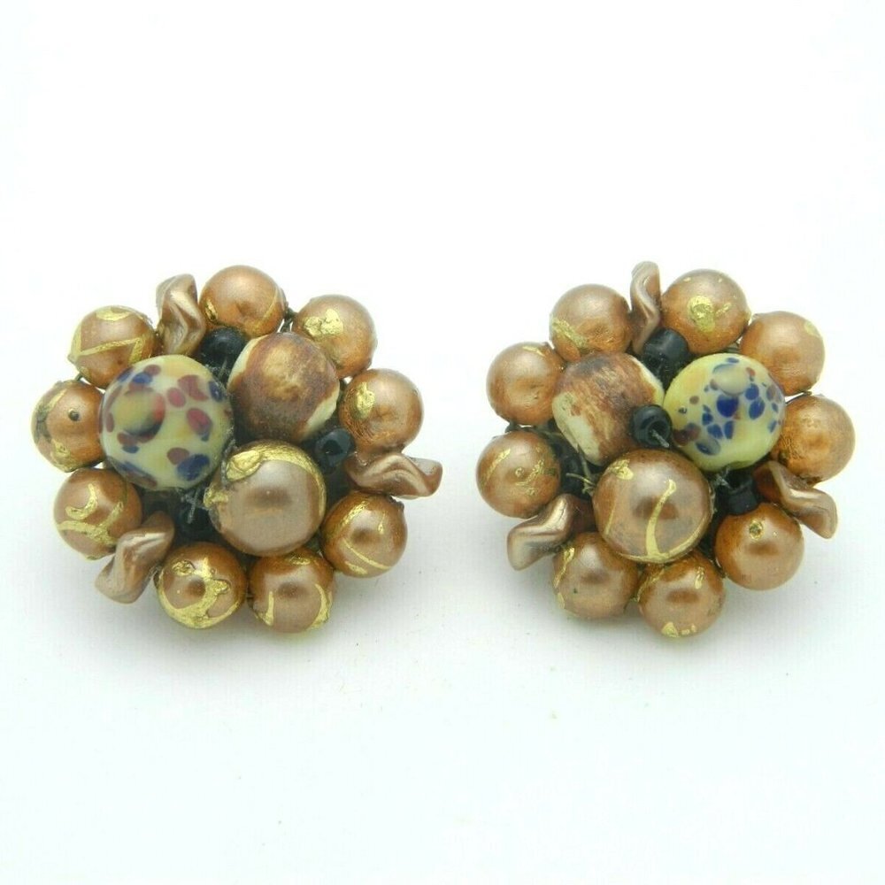 Japan Gold Blue Art Glass Bead Beaded Clip-On